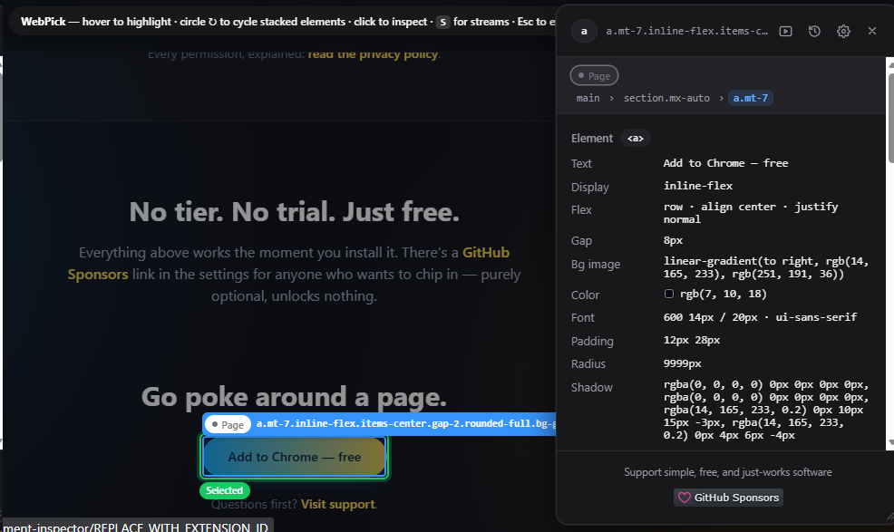 Real WebPick panel inspecting a button on this site, showing its Element fields